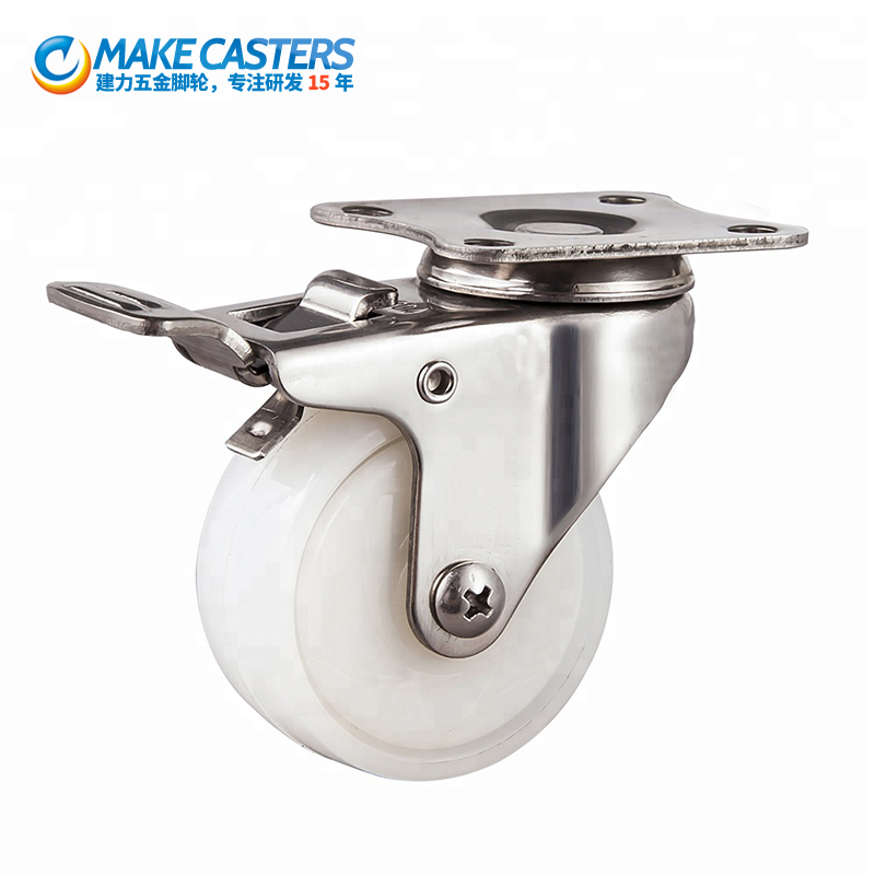 304 stainless steel 1.5 White Nylon PA food dining car 2-inch brake fixed universal screw caster waterproof rust corrosion prevention