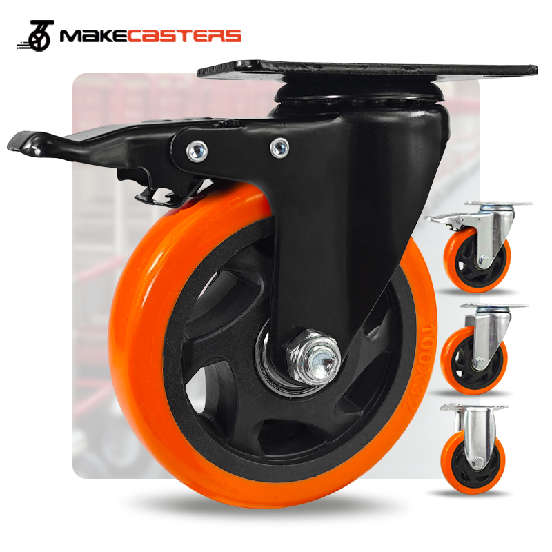 Black Orange PP Medium Duty Casters Wheels Plate Swivel with Brake Castors 1.5