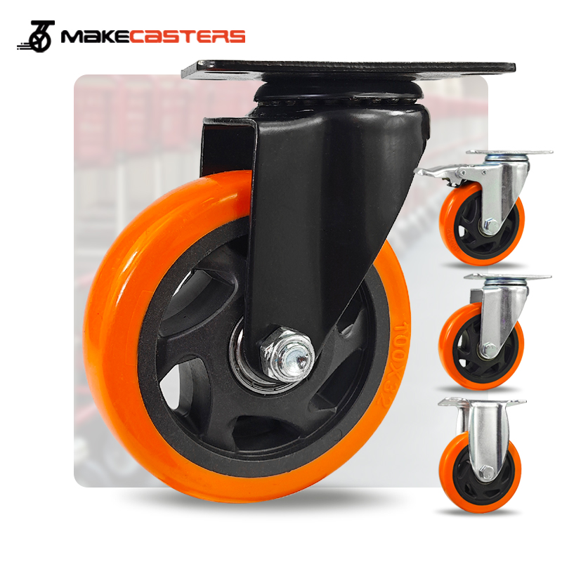 Black Orange PP Medium Duty Casters Wheels Swivel with Brake Castors 1.5