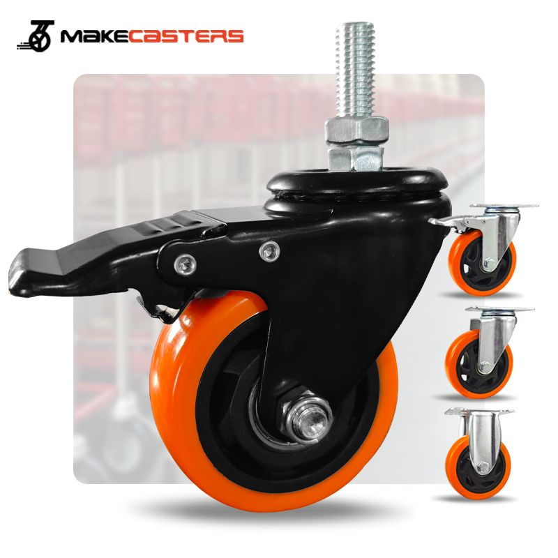 Black Orange PP Medium Duty Casters Wheels Screw Swivel with Brake Castors 1.5