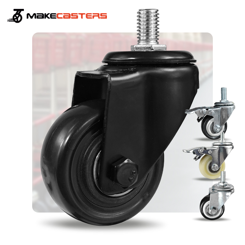 Black PP Medium Duty Casters Wheels Screw M10 Swivel with Brake Locking Castors 1.5