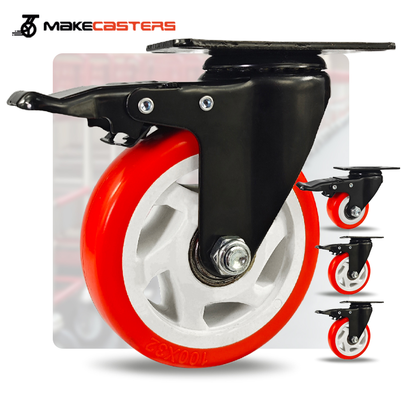 Black Red PP Medium Duty Casters Wheels Plate Swivel with Brake Locking Castors 1.5