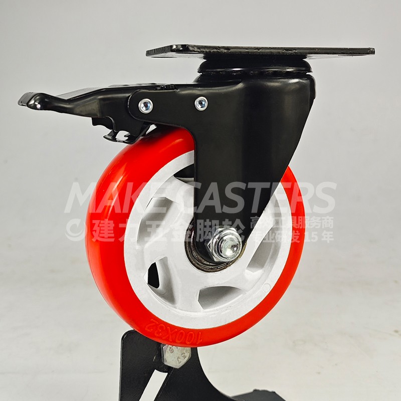 Black Red PP Medium Duty Casters Wheels Plate Swivel with Brake Locking Castors 1.5