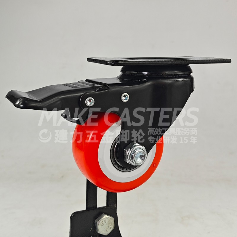 Black Red PP Medium Duty Casters Wheels Plate Swivel with Brake Locking Castors 1.5