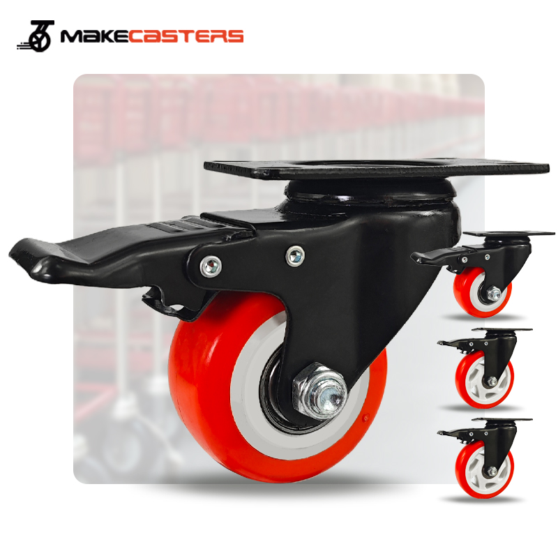 Black Red PP Medium Duty Casters Wheels Plate Swivel with Brake Locking Castors 1.5