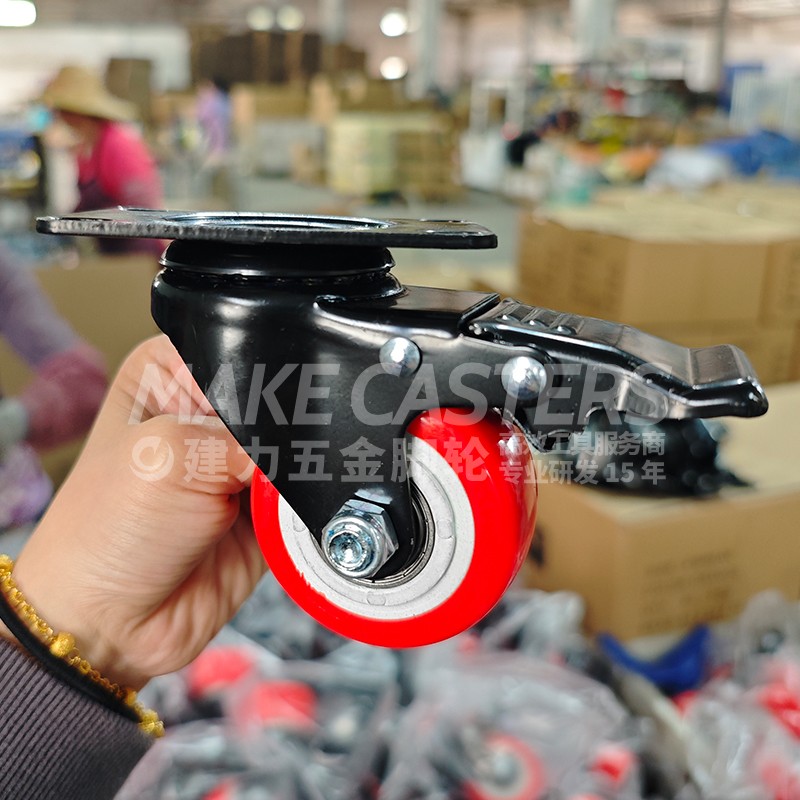 Black Red PP Medium Duty Casters Wheels Plate Swivel with Brake Locking Castors 1.5