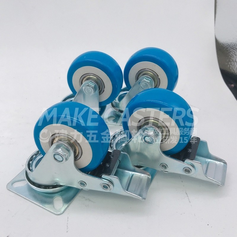 Blue Pu caster 2-inch fixed universal brake mute chassis flat trolley storage rack casters wheel