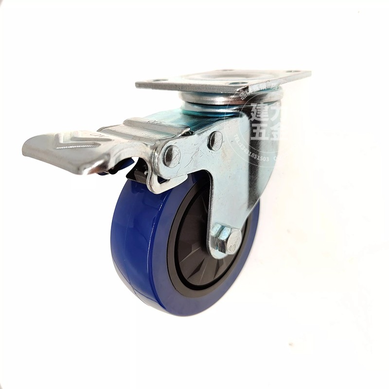 Blue Pu rubber trolley heavy stainless steel galvanized food 3 industry 4 inch hotel linen cart storage caster