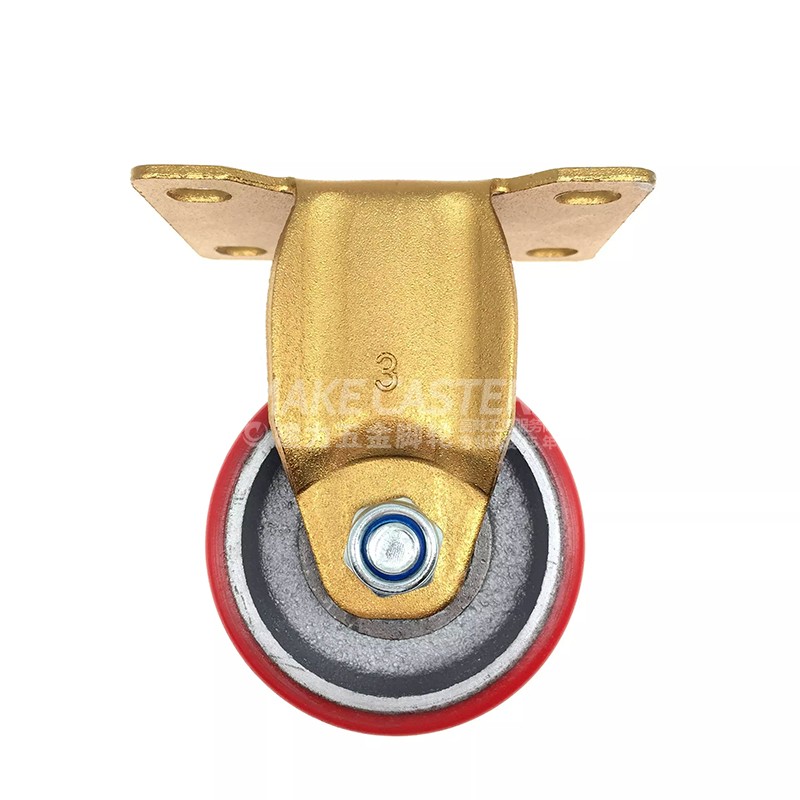 3 inch iron core red PU gold plated zinc fixed furniture casters movable universal tool box flat bottom cart storage cage