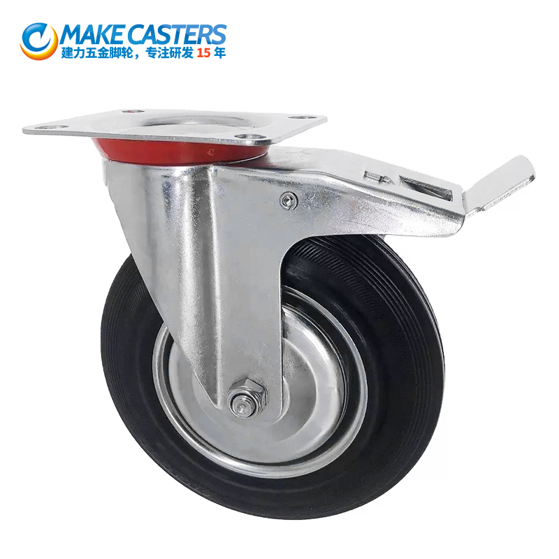Industrial Rubber Caster Wheel Trolley Wheels Steel Rim Swivel With Brake Workbench Casters waste bin fixed 3inch 4inch 5inch