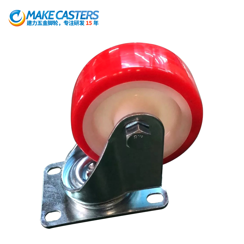 European red Pu fixed universal caster with brake hotel kitchen utensils, food carts, linen carts, storage and logistics