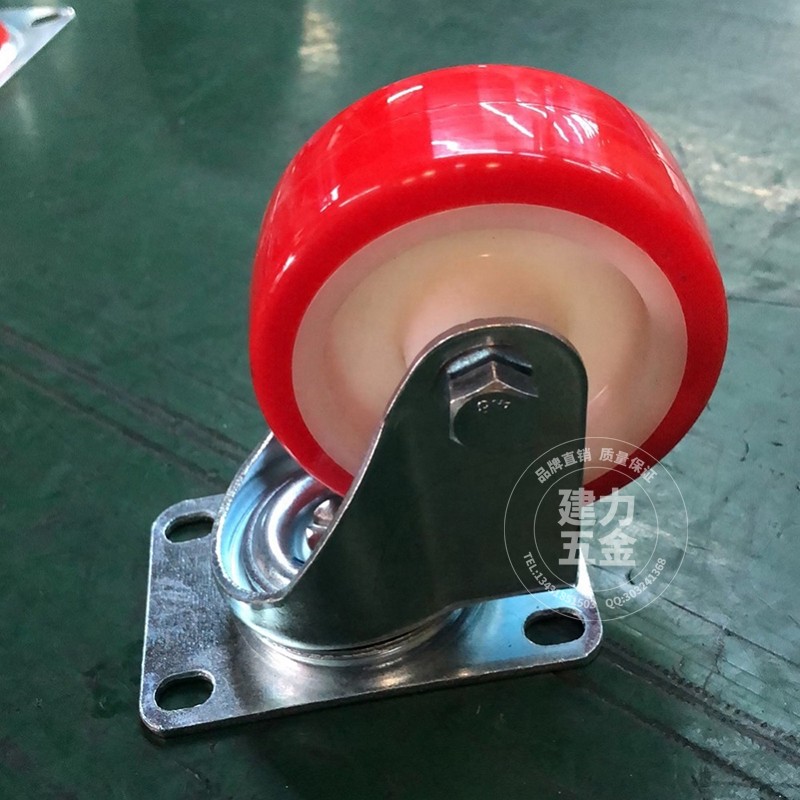 European red Pu fixed universal caster with brake hotel kitchen utensils, food carts, linen carts, storage and logistics