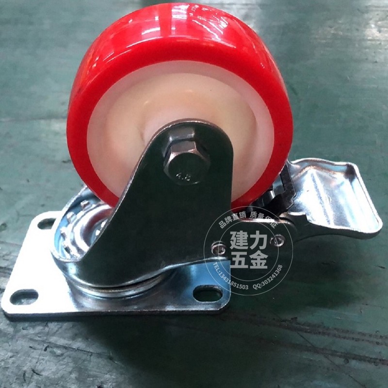 European red Pu fixed universal caster with brake hotel kitchen utensils, food carts, linen carts, storage and logistics