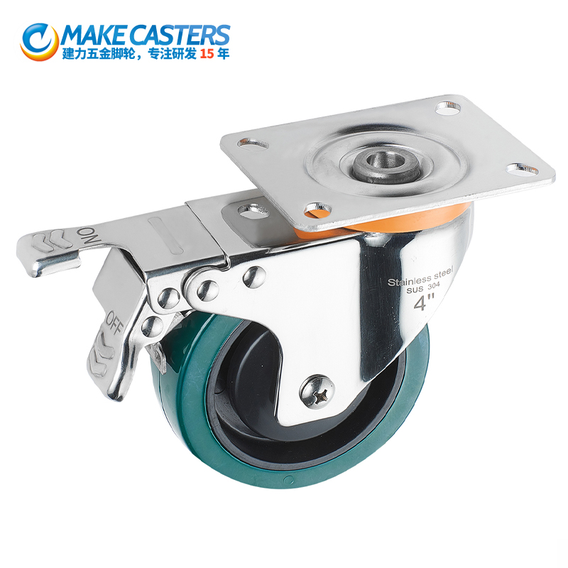 European stainless steel Pu caster 304 / 316 high quality mute Pu full brake caster acid resistance hole top activity