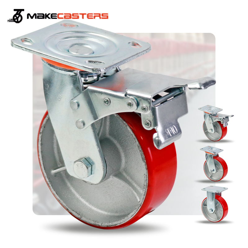 Heavy Duty Casters Wheels Iron Core PU Red Load Castors Industrial Swivel 4