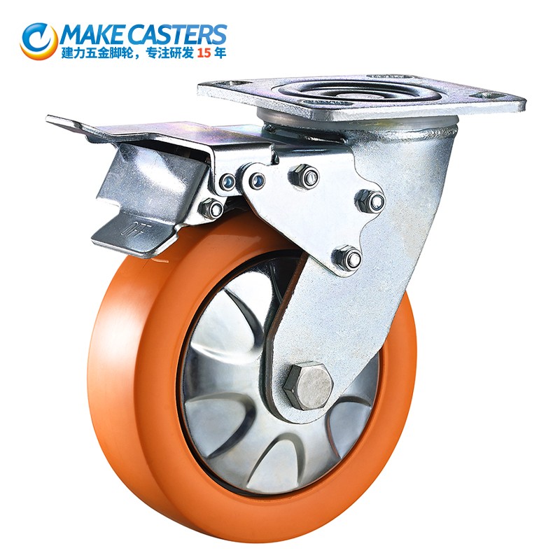 Heavy duty double ball bearing PU caster orange