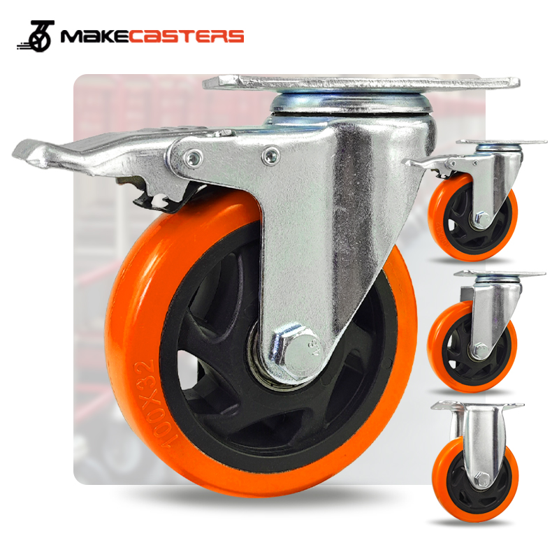 Hot Sale Orange PP Medium Duty Casters Wheels Swivel Brake PVC Castors 1.5