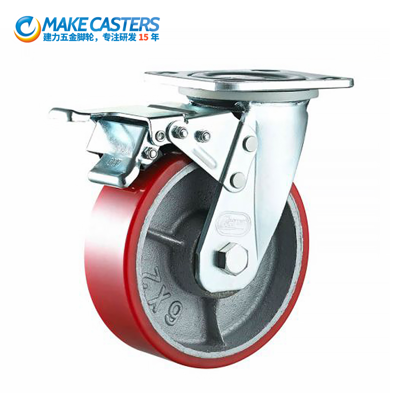 Industrial 6-inch heavy cast iron core red Pu shipyard caster fixed universal belt brake storage logistics airport wheel