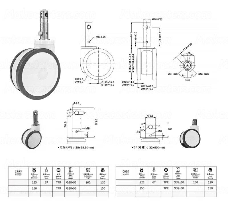 Medical Castor Wheel Central Control Lock Casters Hospital Bed Equipment Silent Stem Caster TPR 6