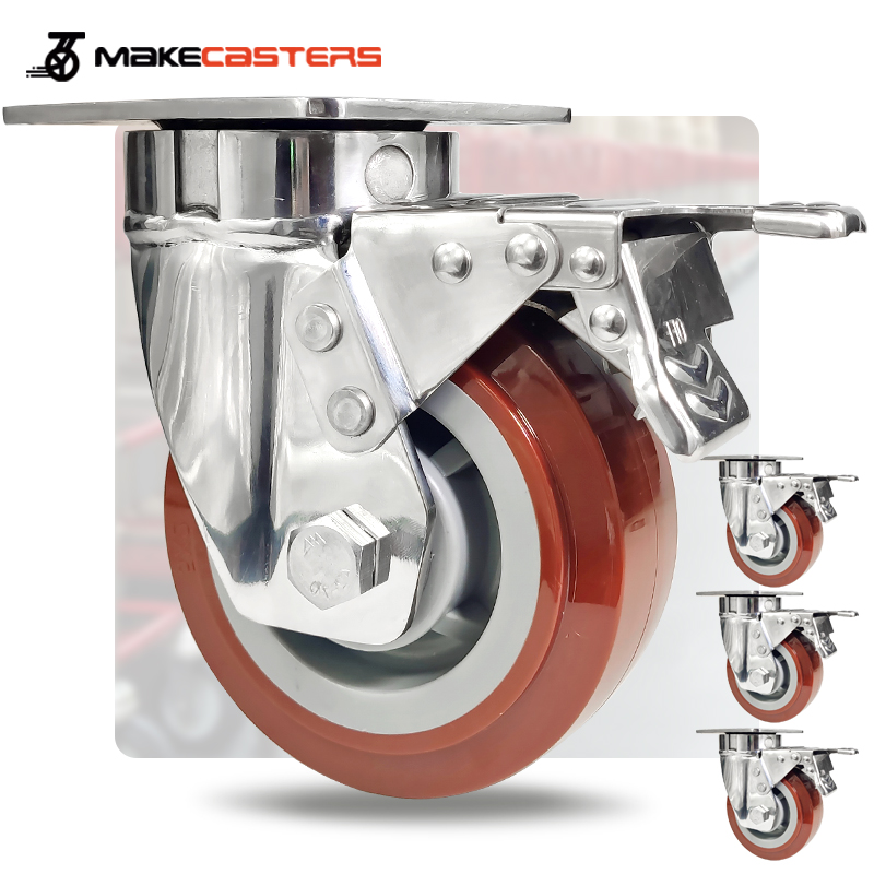 OEM Stainless Steel Casters Wheels Kingpinless SS Swivel With Brake Red PU Heavy Duty SUS 304 316 4