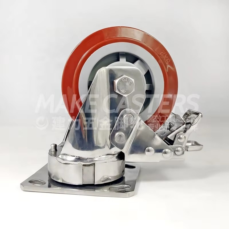 OEM Stainless Steel Casters Wheels Kingpinless SS Swivel With Brake Red PU Heavy Duty SUS 304 316 4