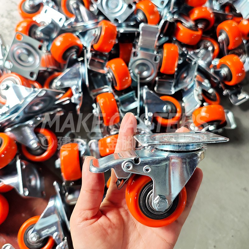 Hot Sale Orange PP Medium Duty Casters Wheels Swivel Brake PVC Castors 1.5