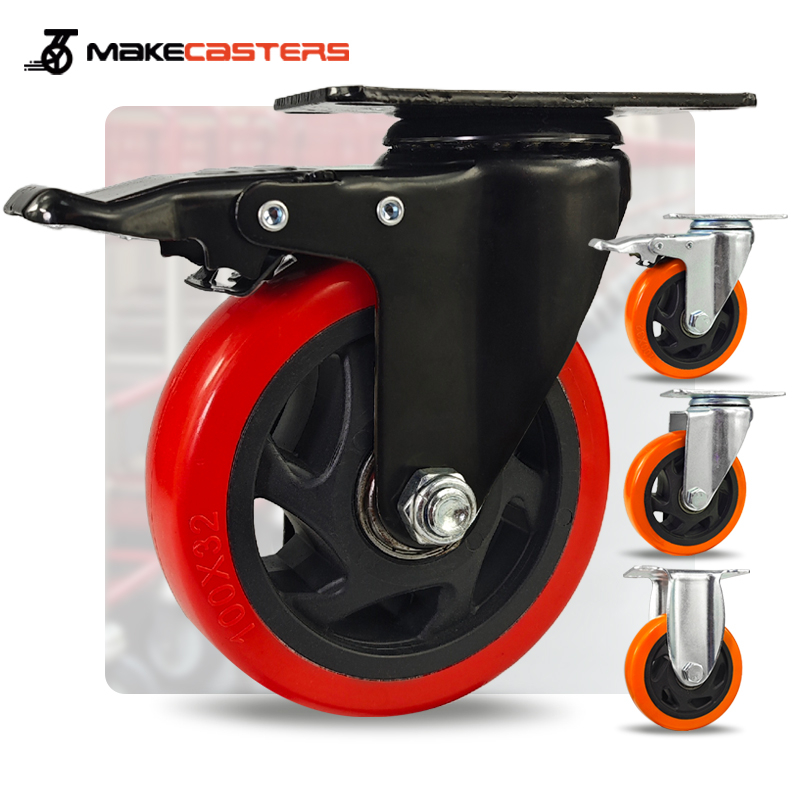 Roda troli 5 inch 4 inch 3 inch dan caster kastor Merah Medium Duty Rem Hidup Rak Etalase