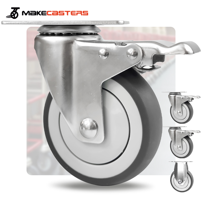 Stainless Steel Caster Wheel Swivel Brake TPR Medium Duty Hospital Medical Trolley Furniture Tools SUS 304 316 3