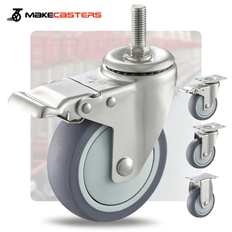 Stainless Steel Caster Wheel Swivel Screw Stem TPR Medium Duty Hospital Medical Trolley Furniture Tools SUS 304 316 3