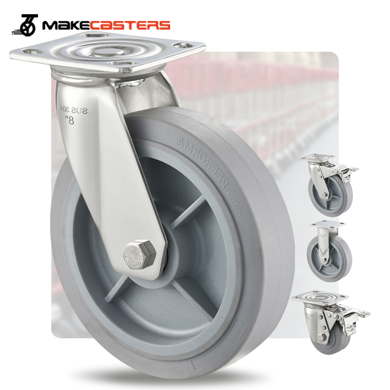 Stainless Steel Casters Wheels Swivel Brake Hotel Trolley TPR Heavy Duty SUS 304 316 4