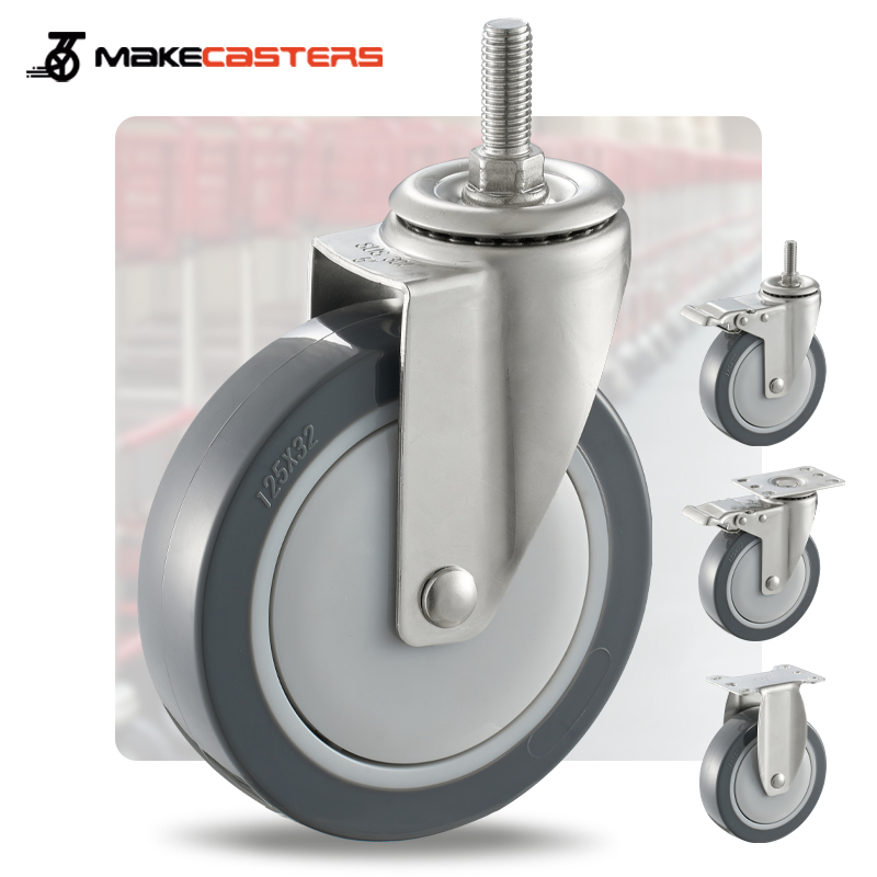 Stainless Steel SUS 304 316 Caster Wheel Swivel Brake PU Medium Duty Hospital Kitchen Trolley Polyurethane 3