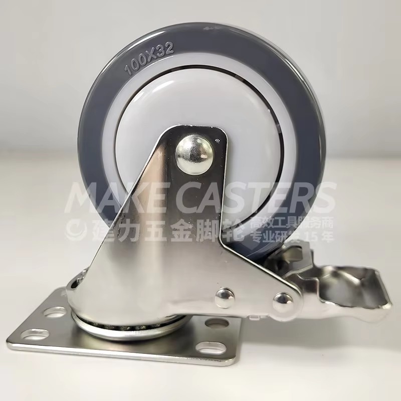 Stainless Steel SUS 304 316 Caster Wheel Swivel Brake PU Medium Duty Hospital Kitchen Trolley Polyurethane 3