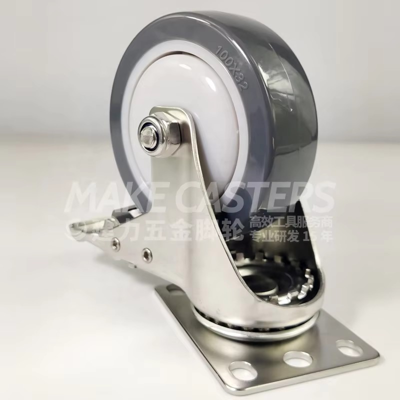 Stainless Steel SUS 304 316 Caster Wheel Swivel Brake PU Medium Duty Hospital Kitchen Trolley Polyurethane 3