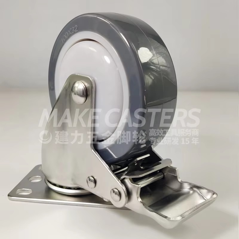 Stainless Steel SUS 304 316 Caster Wheel Swivel Brake PU Medium Duty Hospital Kitchen Trolley Polyurethane 3