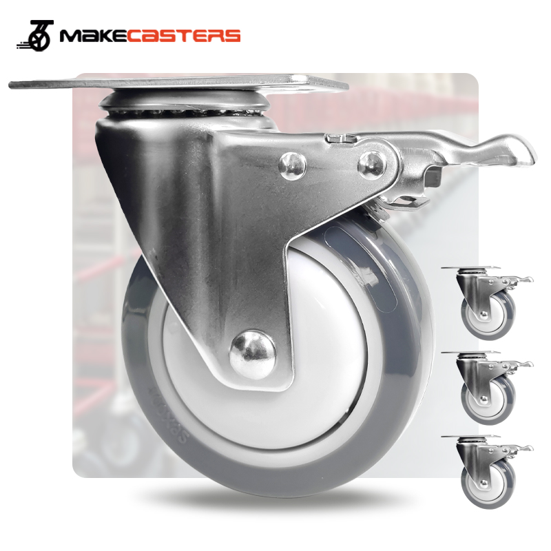 Stainless Steel SUS 304 316 Caster Wheel Swivel Brake PU Medium Duty Hospital Medical Trolley Polyurethane 3