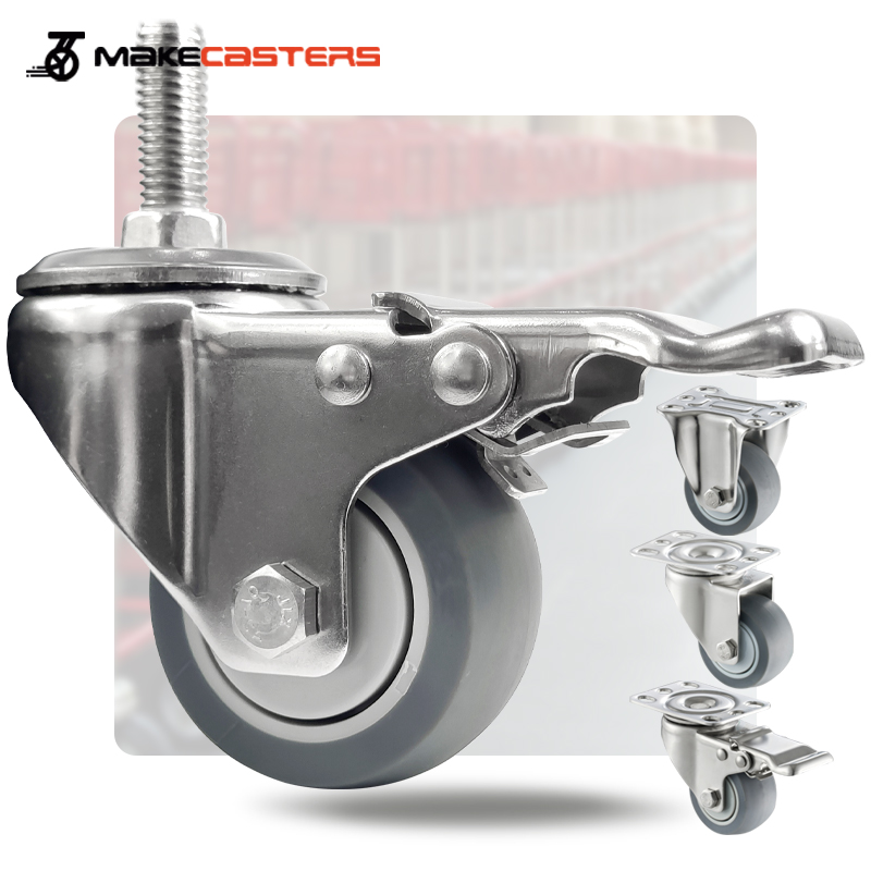 Stem Casters Stainless Steel SUS 304 316 Caster Wheel TPR Brake Trolley Tools Medium Duty 3