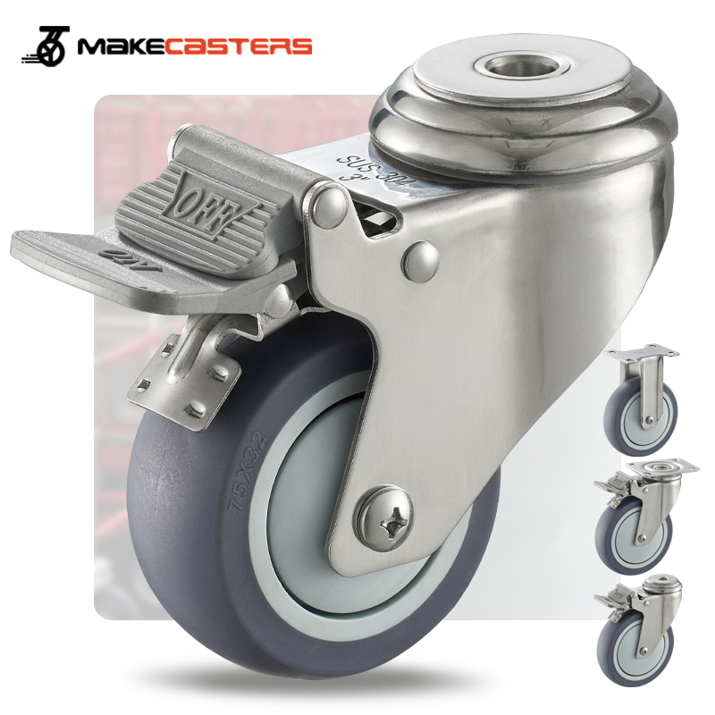 Stainless Steel SUS304 316 Caster Wheel TPR Swivel Trolley Polishing Bolt Hole Brake Lock Medium Duty 3