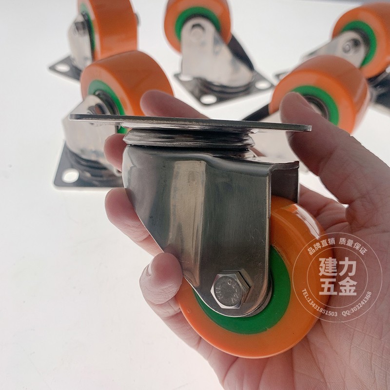 Stainless steel heavy-duty Pu caster 2-inch low gravity trolley with brake wear-resistant fixed universal orange polyurethane wheel