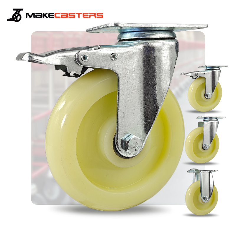 Yellow Caster Wheel Plated Casters PP Polypropylene Swivel With Brake Plate Screw 1.5