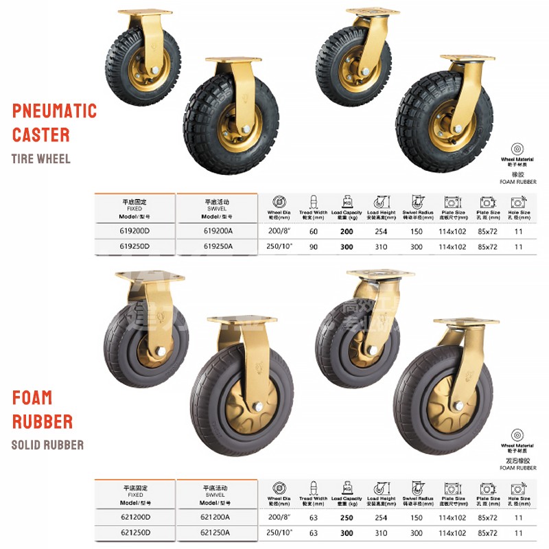 Chinese caster wheel manufacturer heavy duty trolley wheels 8 inch 10 inch pneumatic casters Elastic Rubber hotel foam tire Brake